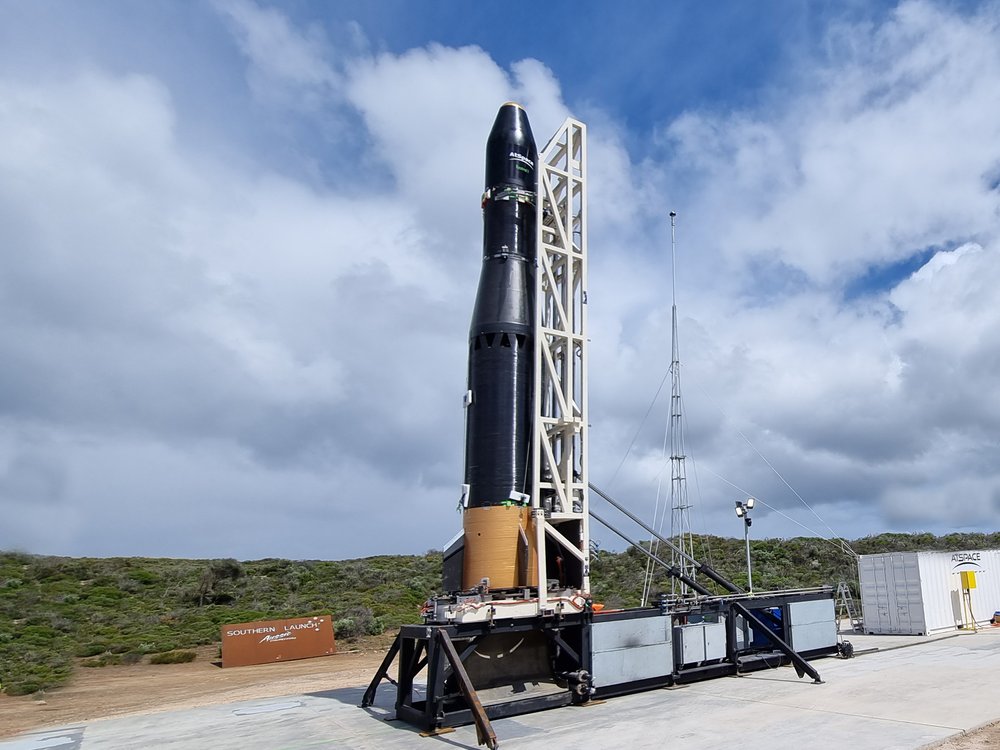 A Kestrel I rocket ready for launch at the Whalers Way Orbital Launch Complex on the Eyre Peninsula in South Australia.